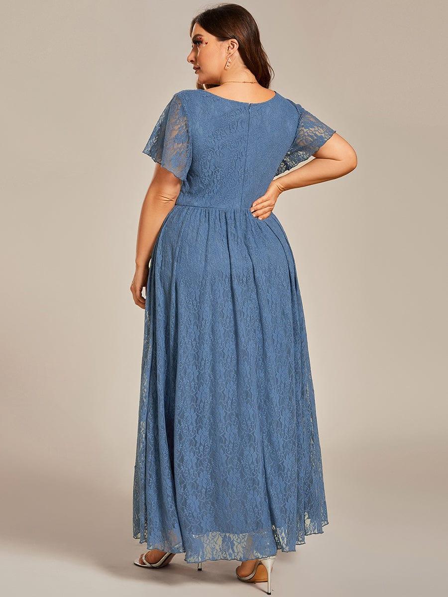Lace Pleated V-Neck Short Sleeve Ruffled Wedding Guest Dress