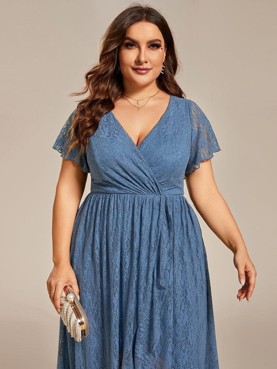 Lace Pleated V-Neck Short Sleeve Ruffled Wedding Guest Dress