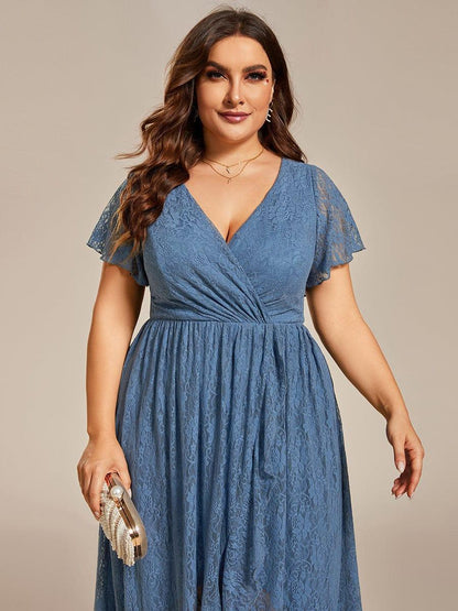 Lace Pleated V-Neck Short Sleeve Ruffled Wedding Guest Dress