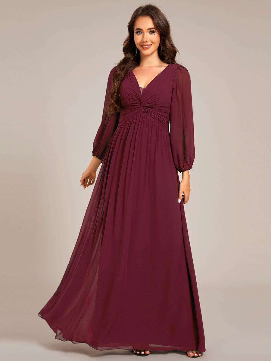 Chiffon A-Line Pleated Long Sleeve Formal Evening Dress — Burgundy