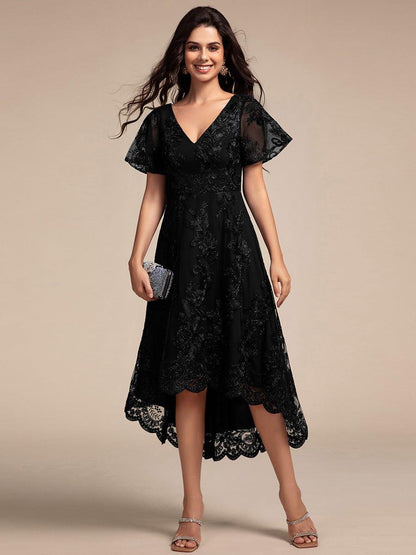 Embroidered Mesh Double V-Neck Short Sleeve Midi Wedding Guest Dress — Black