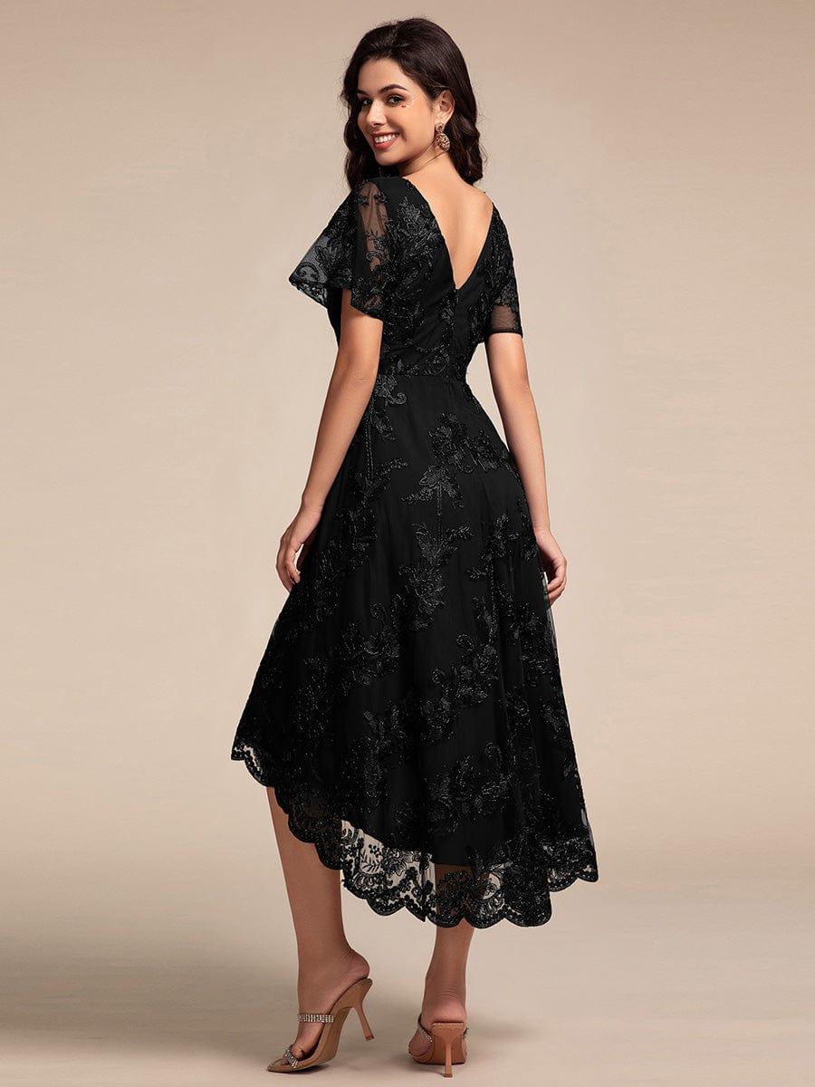 Embroidered Mesh Double V-Neck Short Sleeve Midi Wedding Guest Dress
