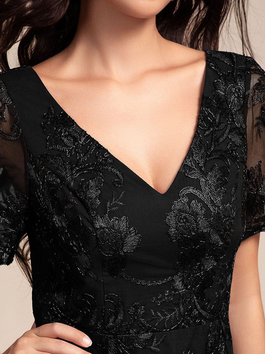 Embroidered Mesh Double V-Neck Short Sleeve Midi Wedding Guest Dress