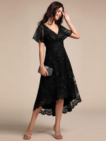Embroidered Mesh Double V-Neck Short Sleeve Midi Wedding Guest Dress