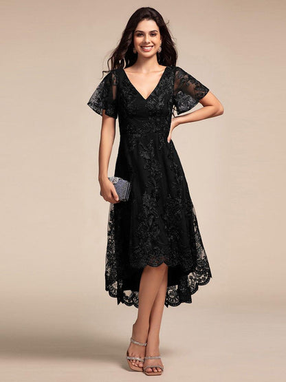 Embroidered Mesh Double V-Neck Short Sleeve Midi Wedding Guest Dress