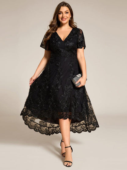Embroidered Mesh Double V-Neck Short Sleeve Midi Wedding Guest Dress
