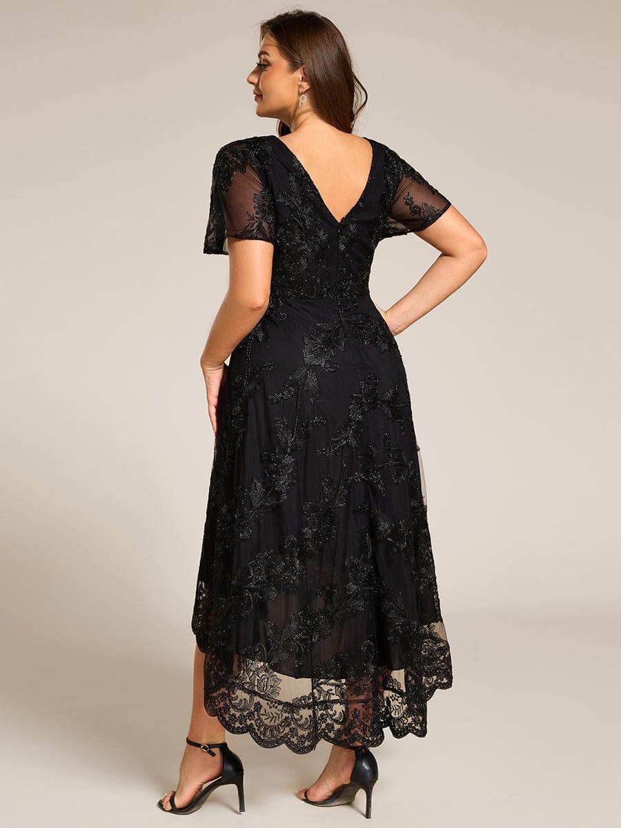 Embroidered Mesh Double V-Neck Short Sleeve Midi Wedding Guest Dress