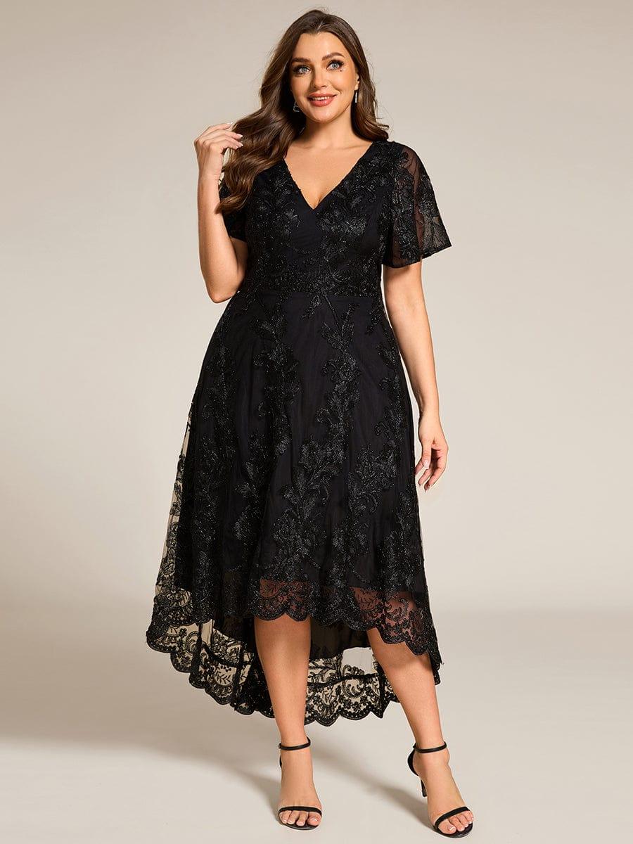 Embroidered Mesh Double V-Neck Short Sleeve Midi Wedding Guest Dress