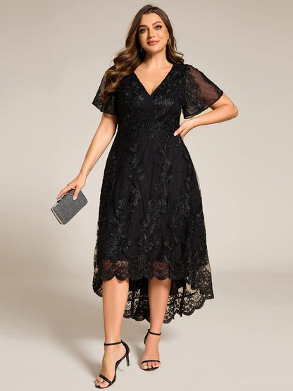 Embroidered Mesh Double V-Neck Short Sleeve Midi Wedding Guest Dress