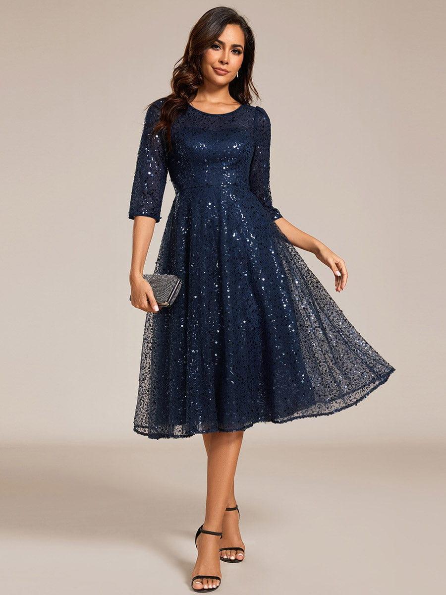 Sequin 3/4 Sleeve Sparkly Round Neck Midi Wedding Guest Dress — Navy Blue