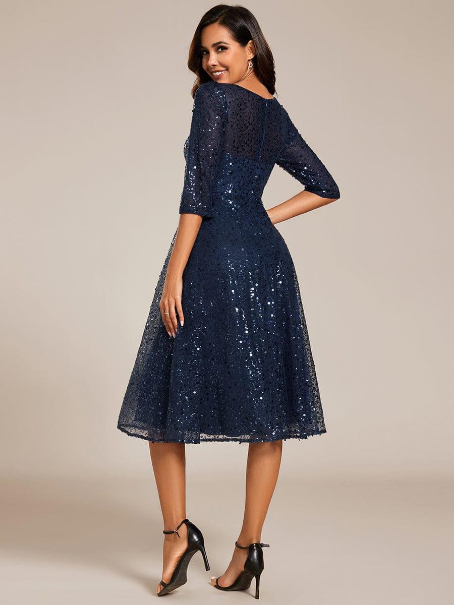 Sequin 3/4 Sleeve Sparkly Round Neck Midi Wedding Guest Dress