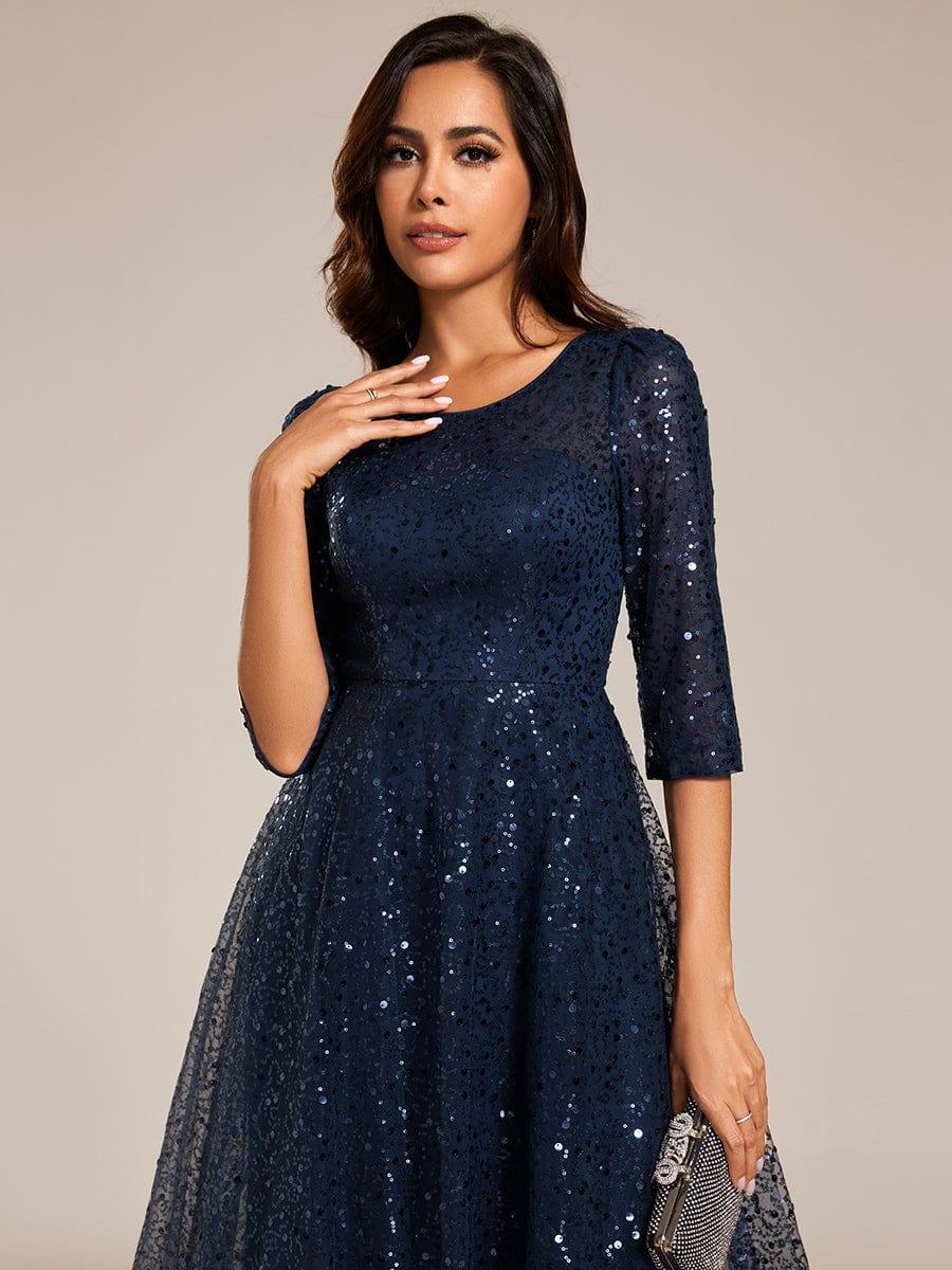 Sequin 3/4 Sleeve Sparkly Round Neck Midi Wedding Guest Dress