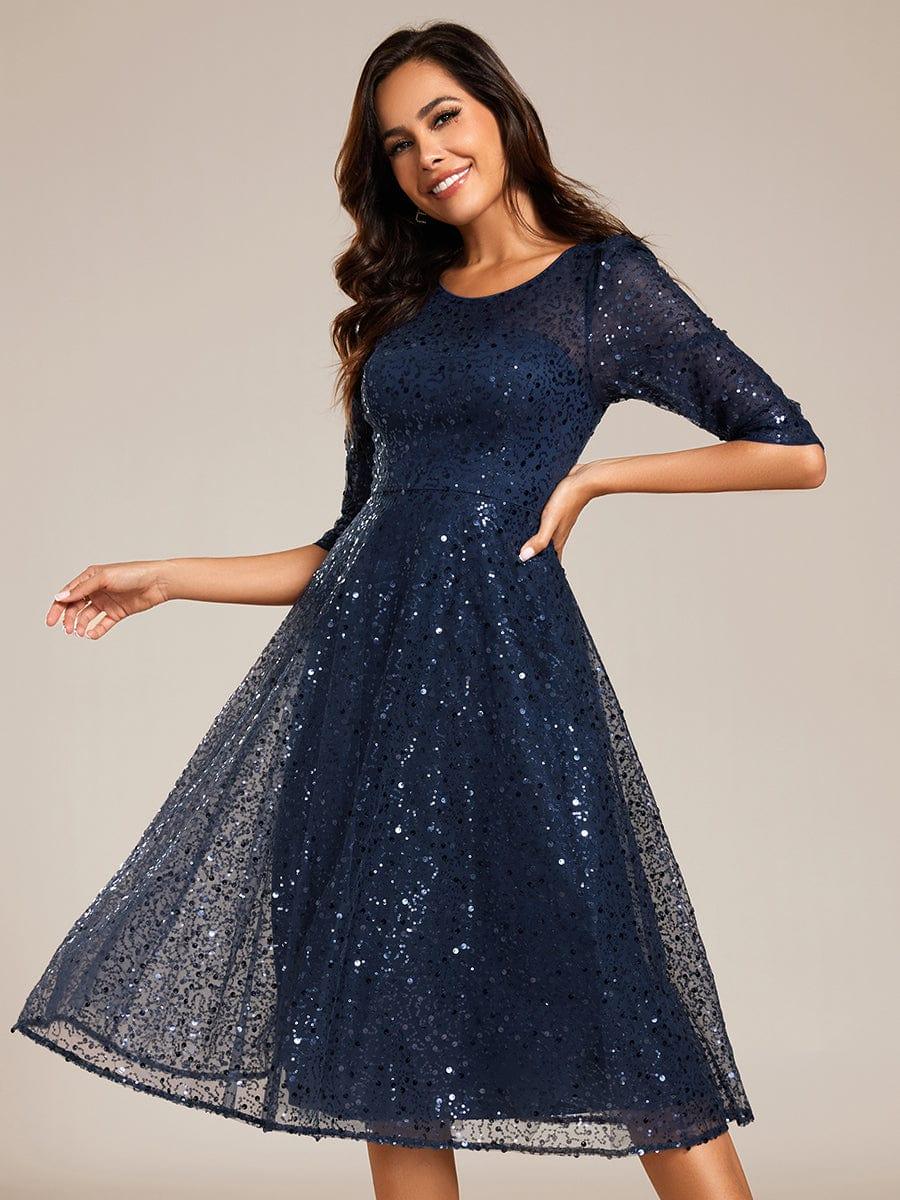 Sequin 3/4 Sleeve Sparkly Round Neck Midi Wedding Guest Dress