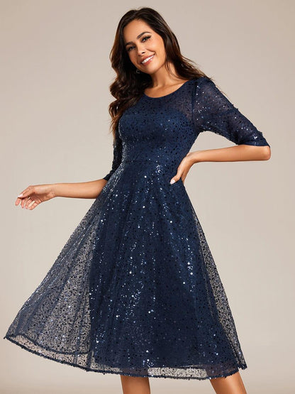 Sequin 3/4 Sleeve Sparkly Round Neck Midi Wedding Guest Dress