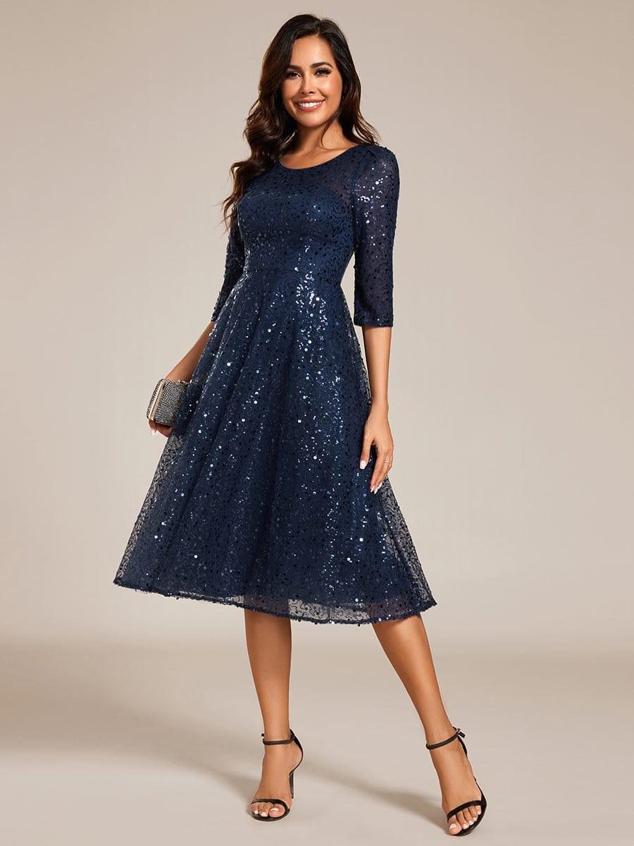Sequin 3/4 Sleeve Sparkly Round Neck Midi Wedding Guest Dress
