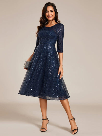 Sequin 3/4 Sleeve Sparkly Round Neck Midi Wedding Guest Dress