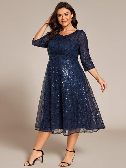 Sequin 3/4 Sleeve Sparkly Round Neck Midi Wedding Guest Dress — Navy Blue