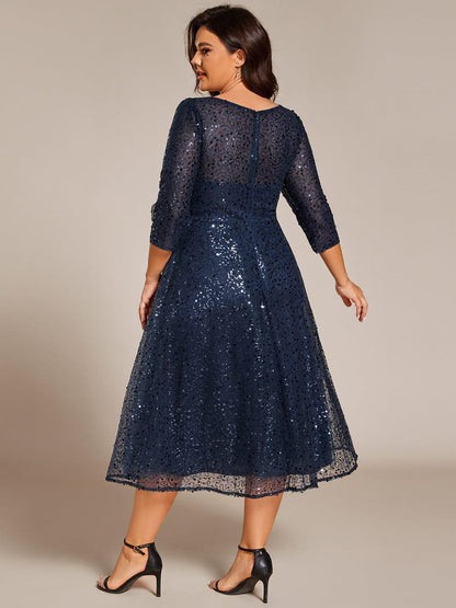 Sequin 3/4 Sleeve Sparkly Round Neck Midi Wedding Guest Dress