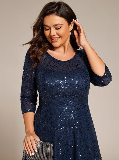 Sequin 3/4 Sleeve Sparkly Round Neck Midi Wedding Guest Dress