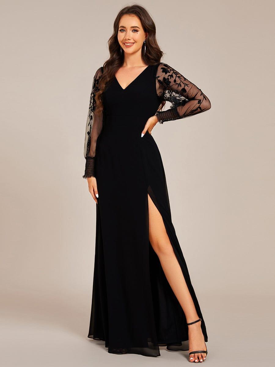 Chiffon See-Through Long Sleeve V-Neck High Slit Formal Evening Dress — Black