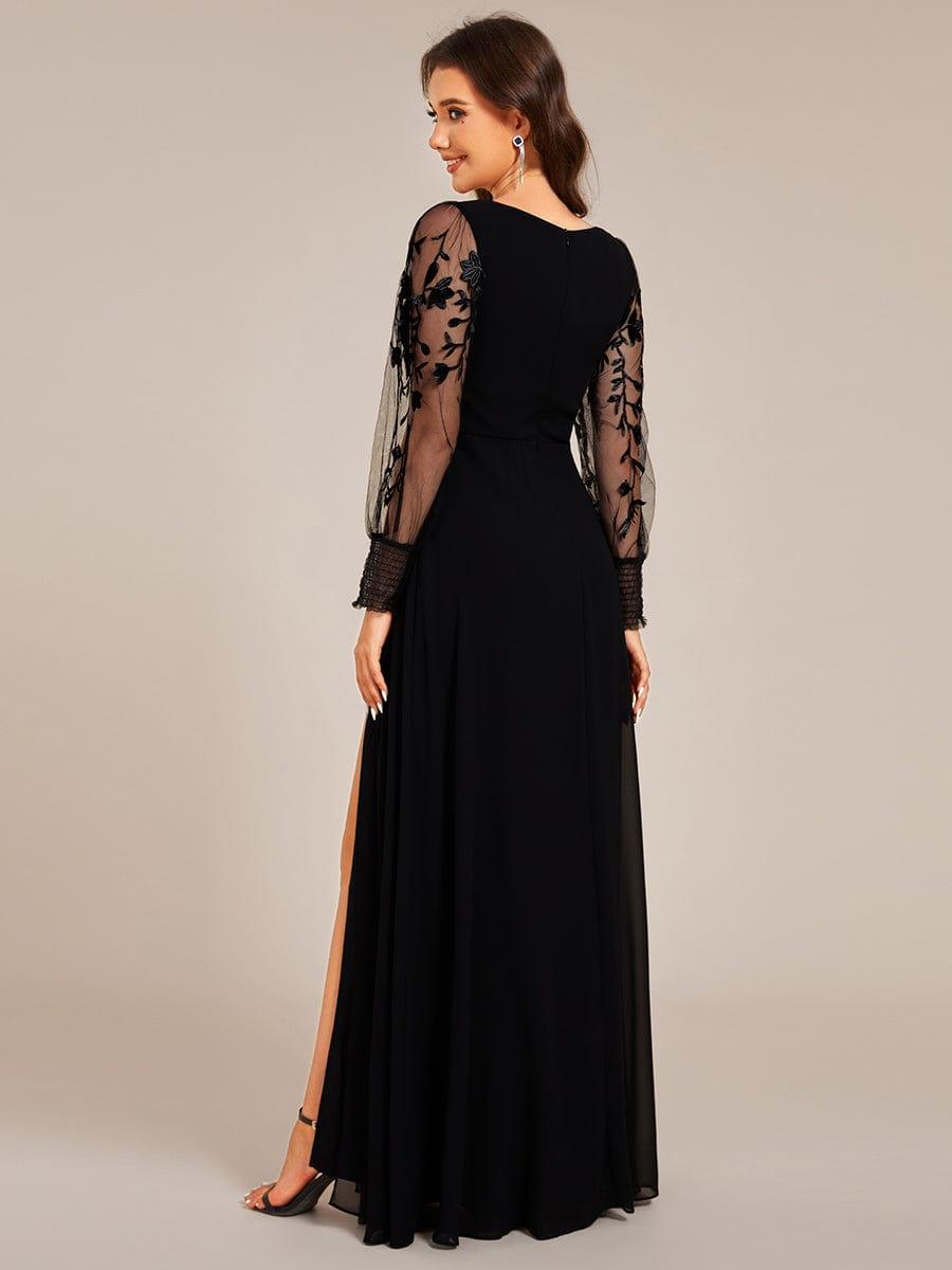 Chiffon See-Through Long Sleeve V-Neck High Slit Formal Evening Dress