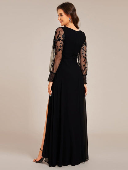 Chiffon See-Through Long Sleeve V-Neck High Slit Formal Evening Dress