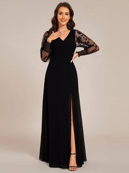 Chiffon See-Through Long Sleeve V-Neck High Slit Formal Evening Dress