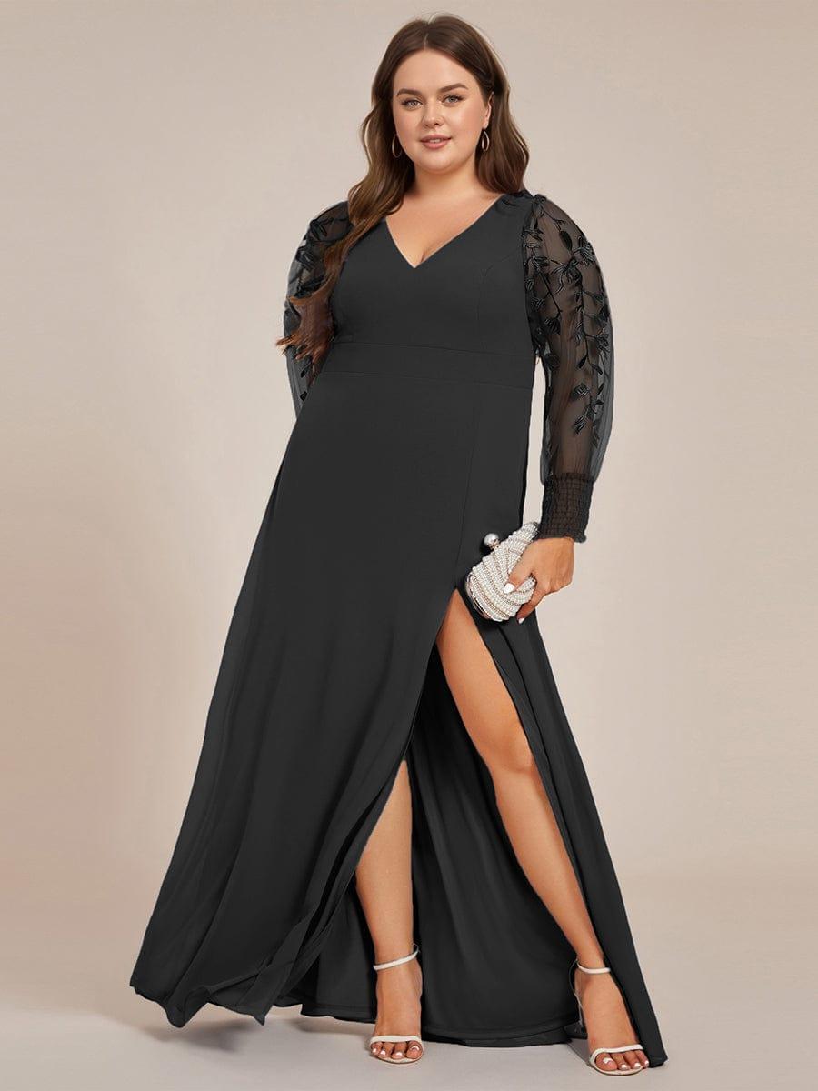 Chiffon See-Through Long Sleeve V-Neck High Slit Formal Evening Dress