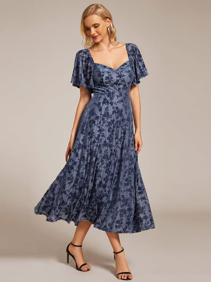 Velvet Stretchy Short Sleeve Tea Length Wedding Guest Dress — Dusty Blue