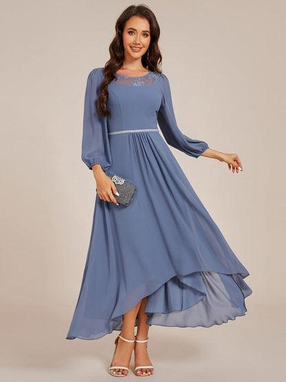 Chiffon Long Sleeve Waist Chain Round Neckline Midi Wedding Guest Dress — Dusty Blue