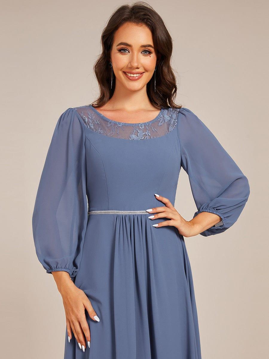 Chiffon Long Sleeve Waist Chain Round Neckline Midi Wedding Guest Dress