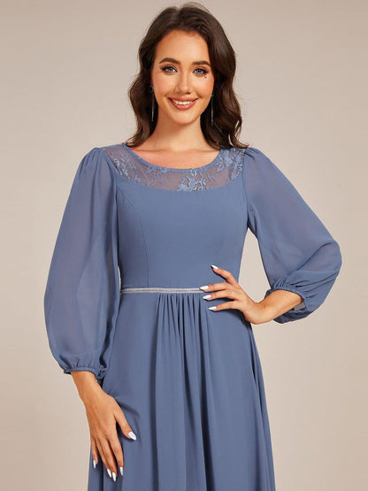 Chiffon Long Sleeve Waist Chain Round Neckline Midi Wedding Guest Dress