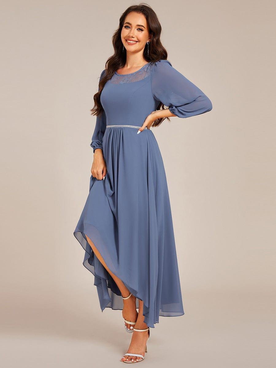 Chiffon Long Sleeve Waist Chain Round Neckline Midi Wedding Guest Dress