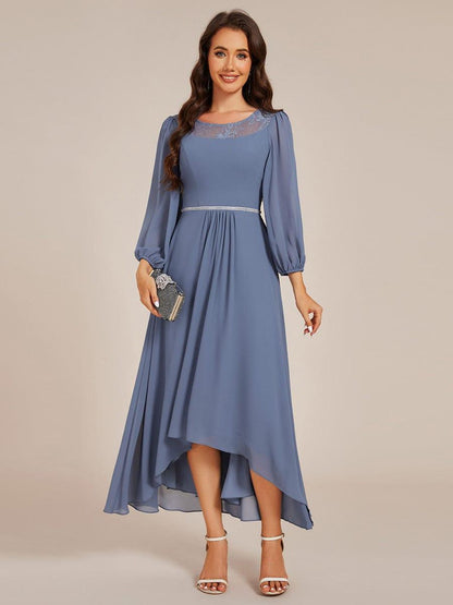 Chiffon Long Sleeve Waist Chain Round Neckline Midi Wedding Guest Dress