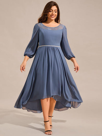 Chiffon Long Sleeve Waist Chain Round Neckline Midi Wedding Guest Dress
