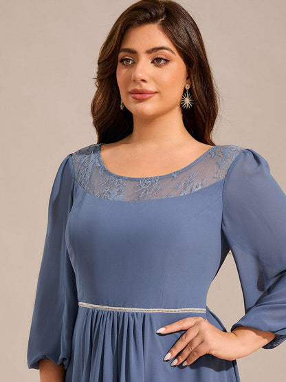 Chiffon Long Sleeve Waist Chain Round Neckline Midi Wedding Guest Dress