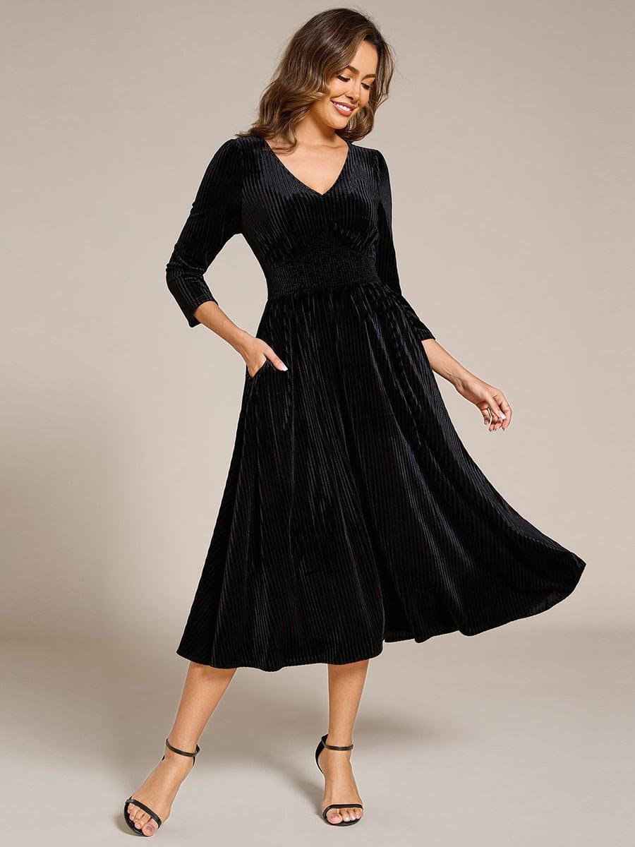 Velvet Long Sleeve High Stretch Tea Length Wedding Guest Dress — Black