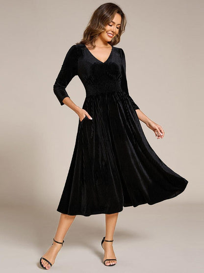 Velvet Long Sleeve High Stretch Tea Length Wedding Guest Dress — Black