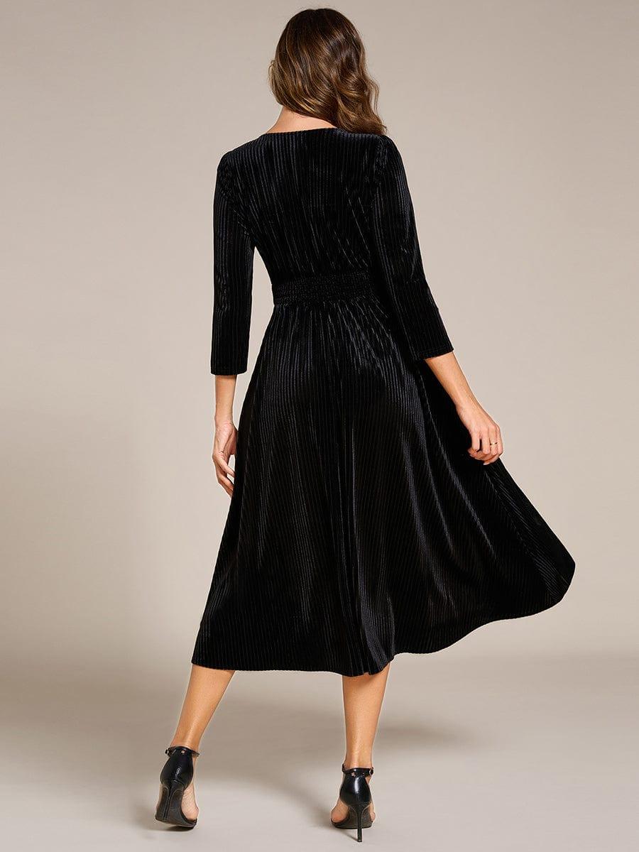 Velvet Long Sleeve High Stretch Tea Length Wedding Guest Dress