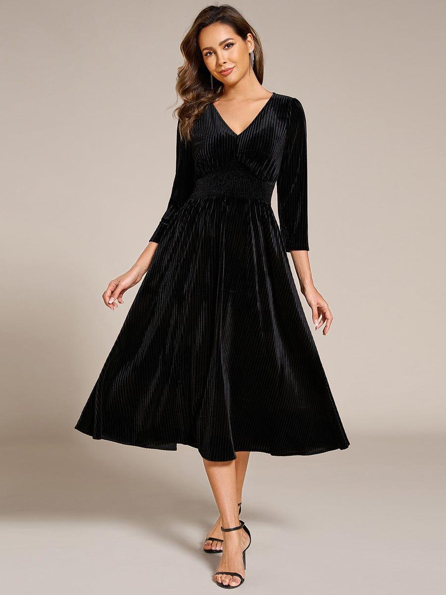 Velvet Long Sleeve High Stretch Tea Length Wedding Guest Dress