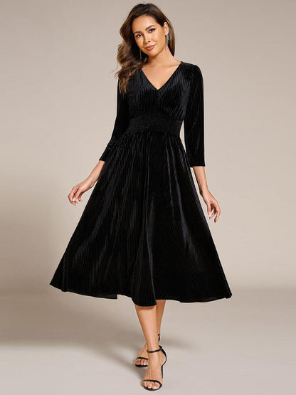 Velvet Long Sleeve High Stretch Tea Length Wedding Guest Dress