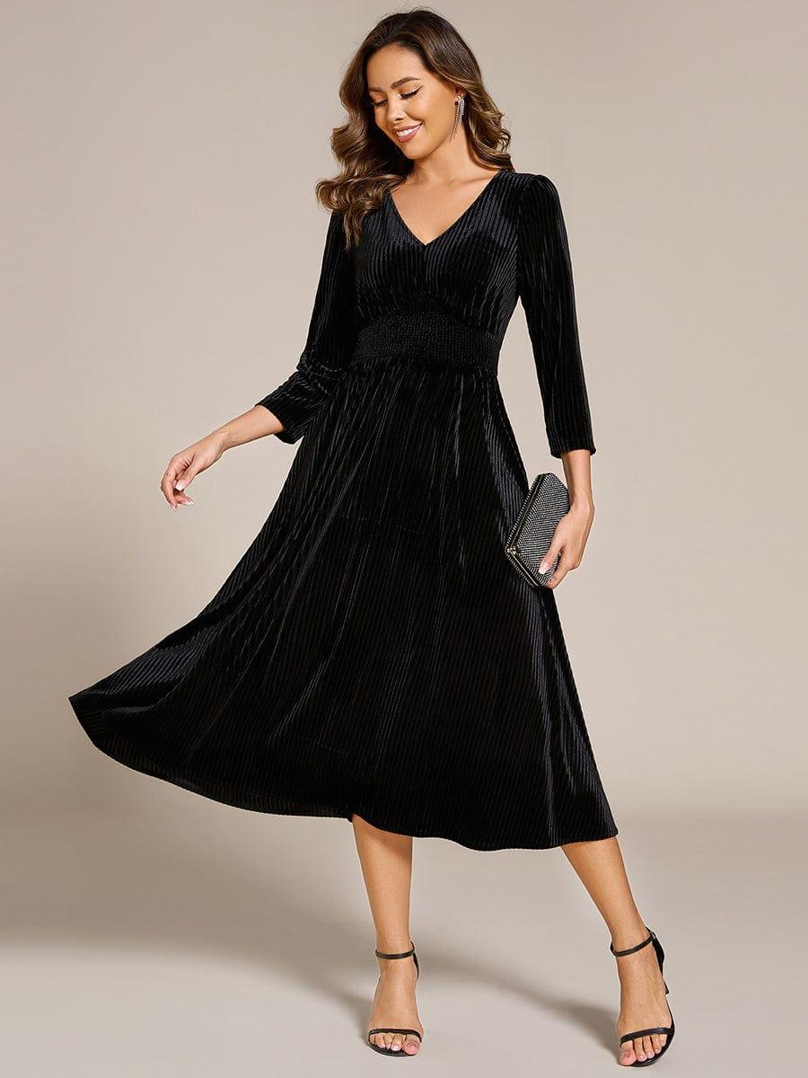 Velvet Long Sleeve High Stretch Tea Length Wedding Guest Dress