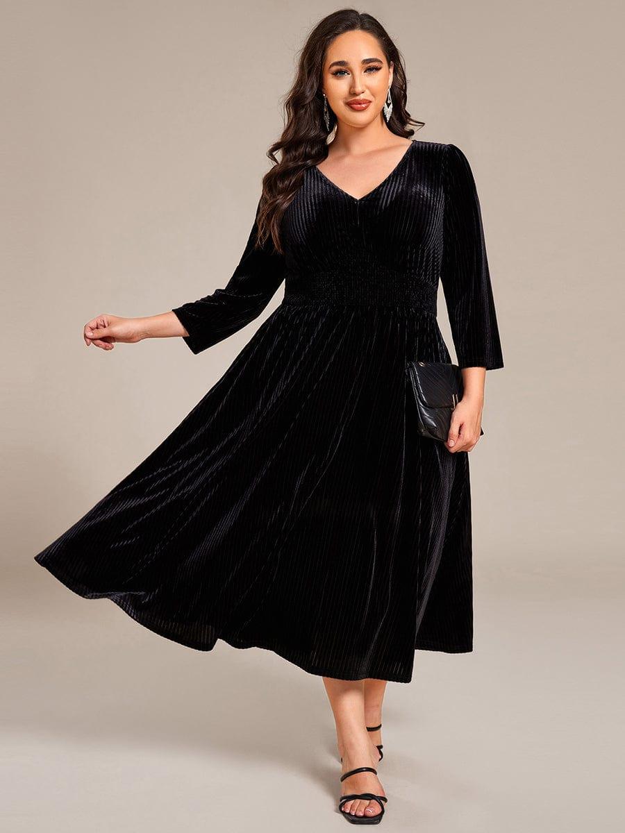 Velvet Long Sleeve High Stretch Tea Length Wedding Guest Dress