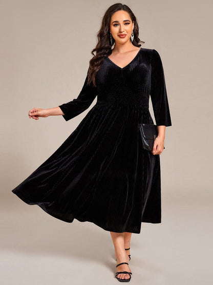 Velvet Long Sleeve High Stretch Tea Length Wedding Guest Dress