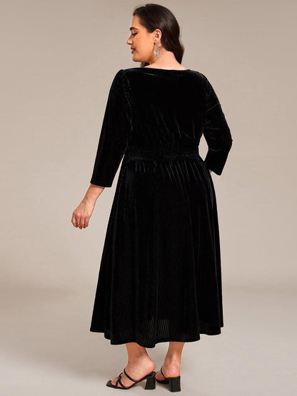 Velvet Long Sleeve High Stretch Tea Length Wedding Guest Dress