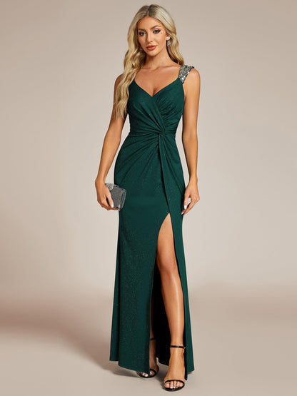 Sequin Glitter V-Neck High Slit Shoulder Strap Wedding Guest Dress