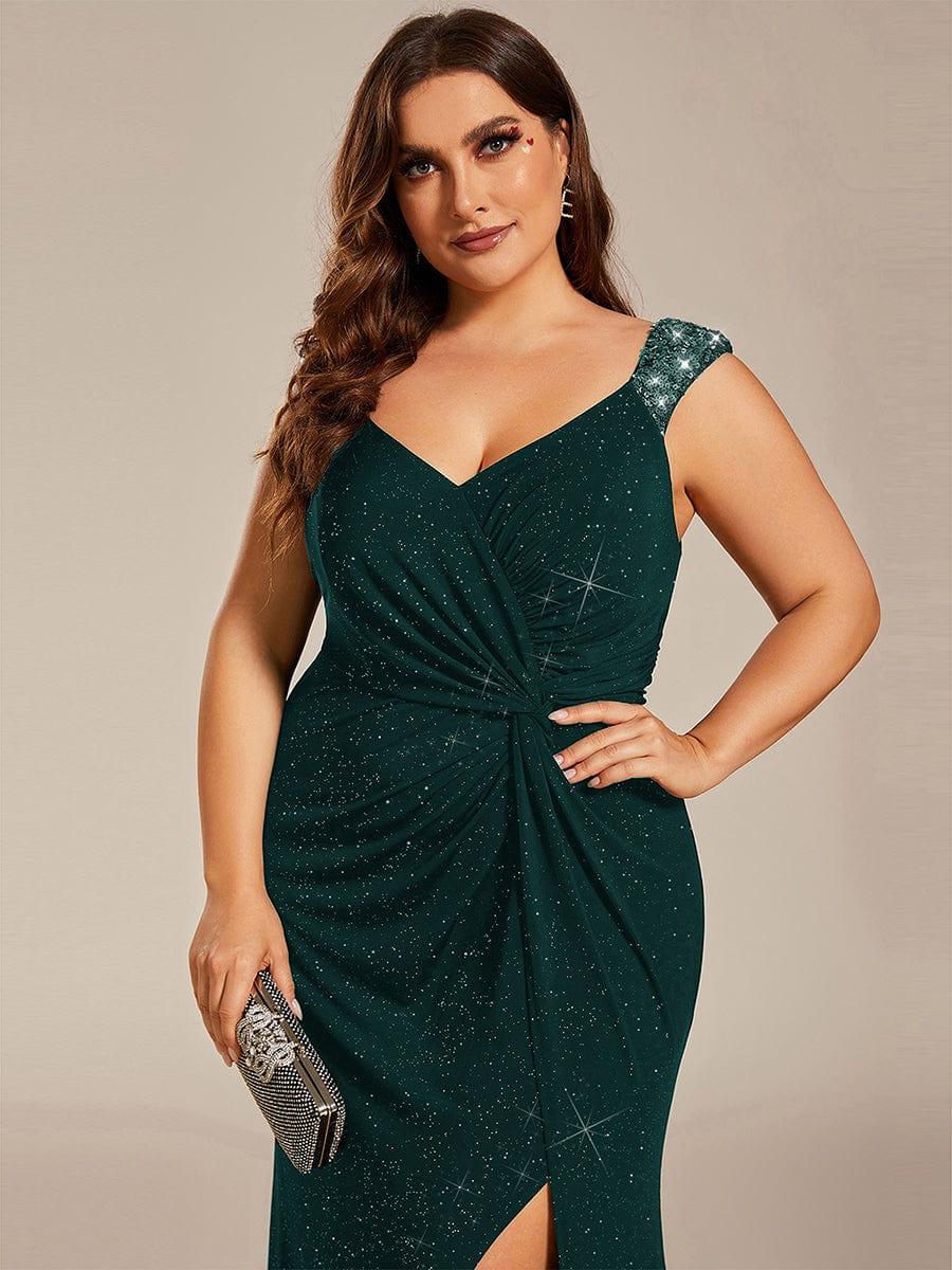 Sequin Glitter V-Neck High Slit Shoulder Strap Wedding Guest Dress