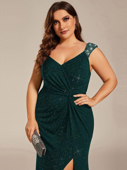 Sequin Glitter V-Neck High Slit Shoulder Strap Wedding Guest Dress
