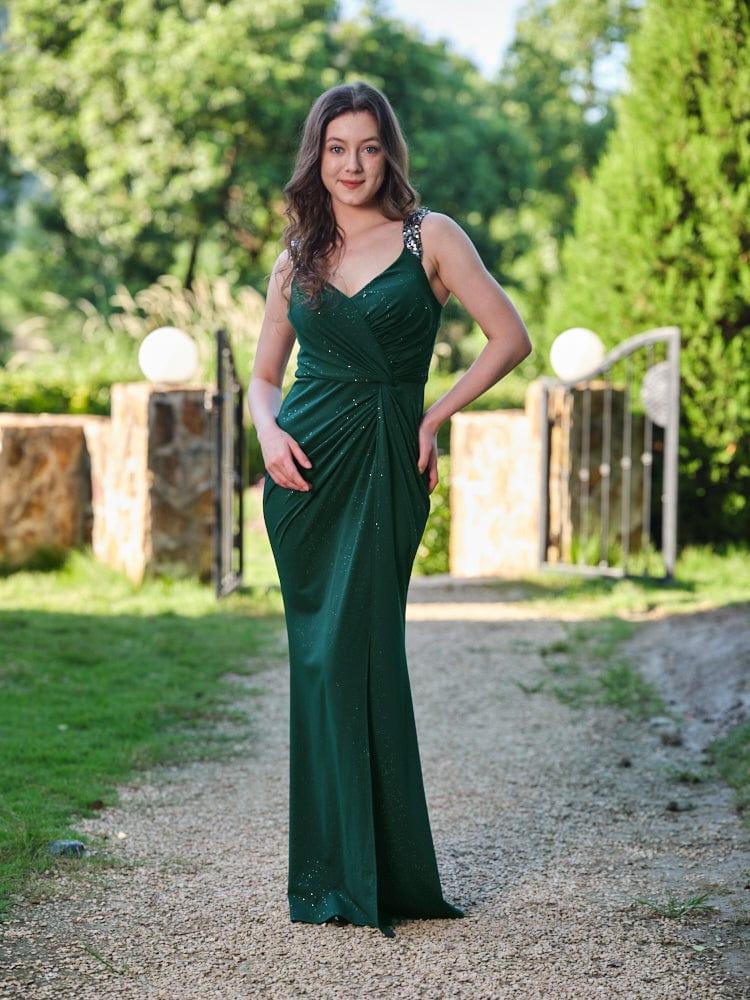Sequin Glitter V-Neck High Slit Shoulder Strap Wedding Guest Dress