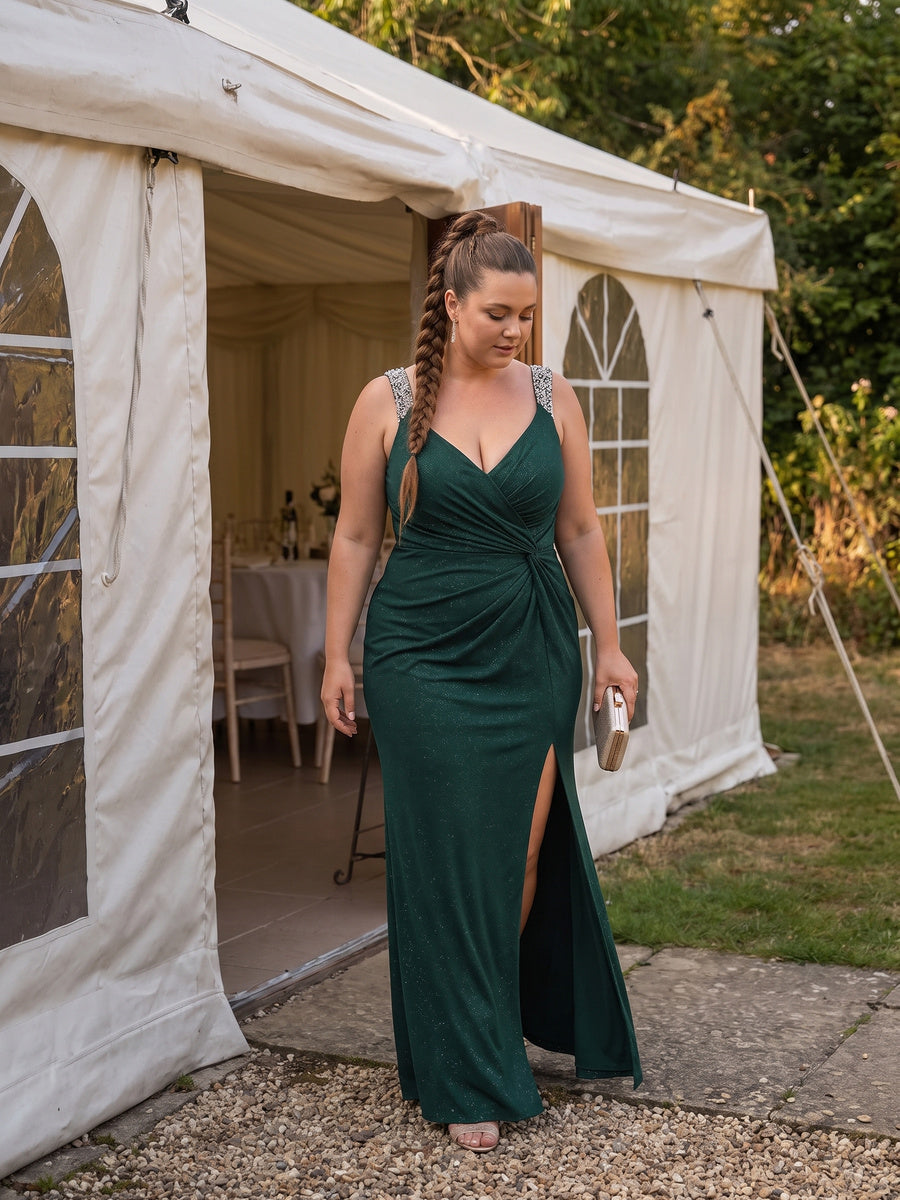 Sequin Glitter V-Neck High Slit Shoulder Strap Wedding Guest Dress — Dark Green